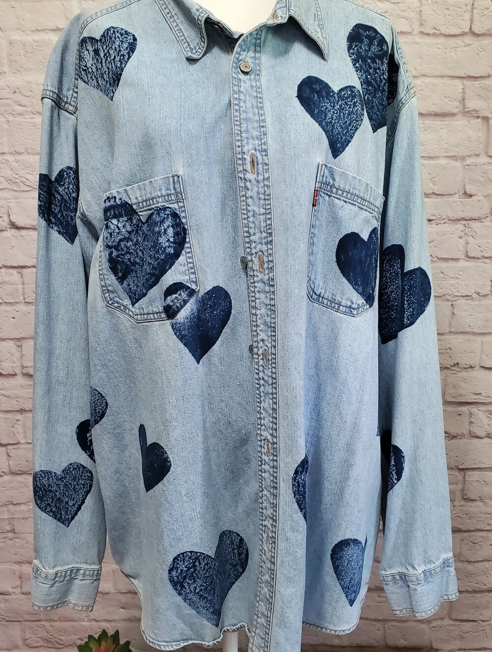 Free People x Tricia Fix Oversized Denim Shirt Dize M/L Blue W/ Hearts Button Up